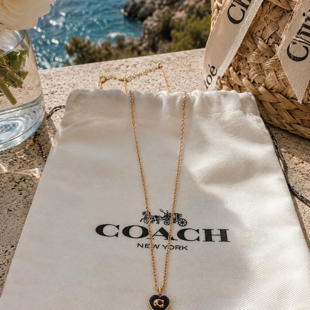 Coach Heart Pendant Necklace Gold Logo Charm w/ Pouch Tag authentic cute gift